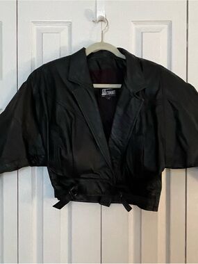 Short Black Women's Genuine Leather Jacket with Buckle Waist-Beautiful!